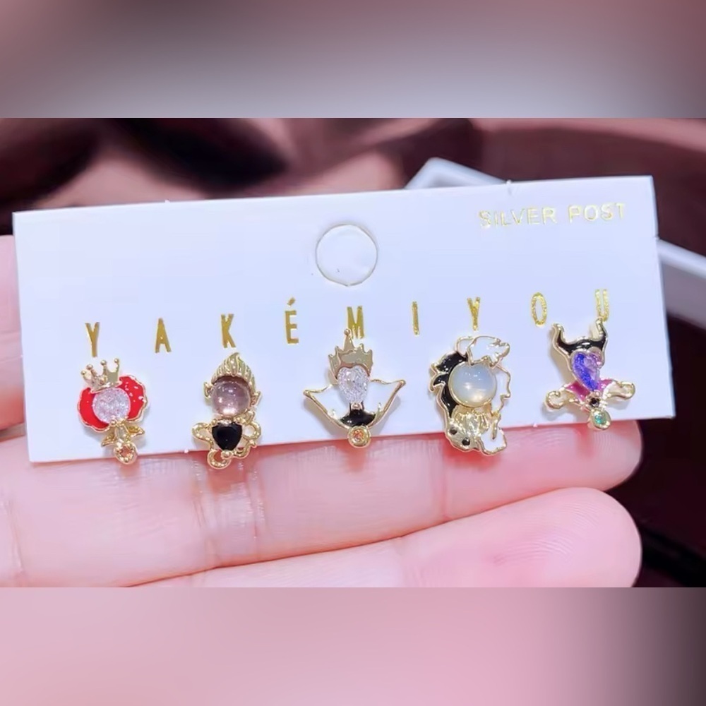 14K Gold Disney Villains Gemstone Theme Earrings Mismatched Stud Set